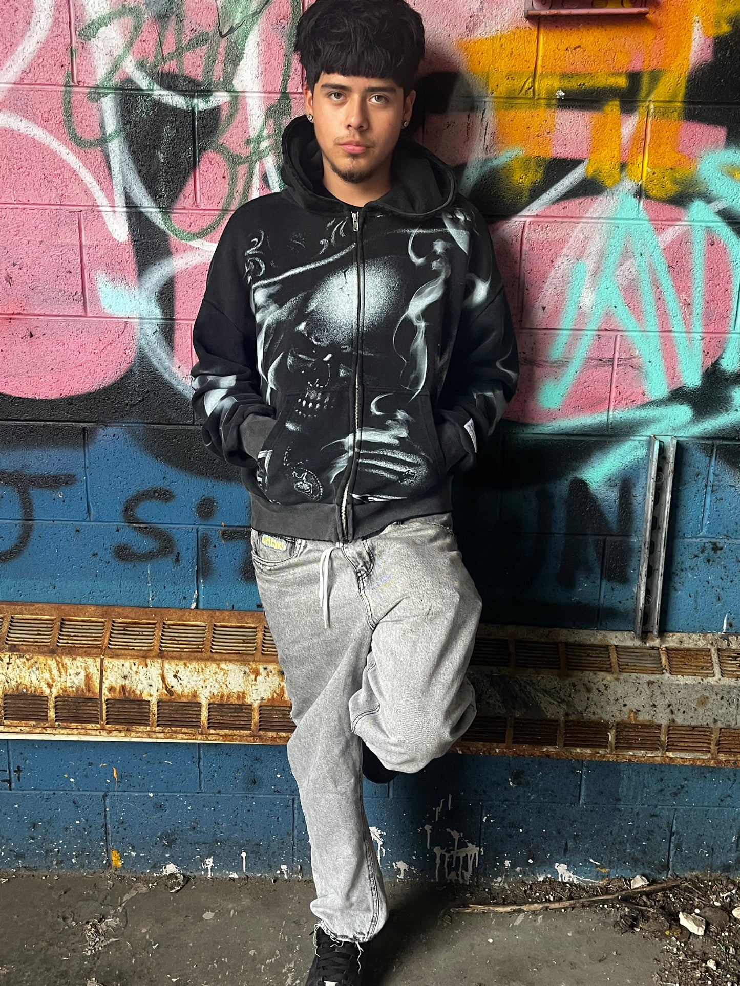 “Skull” Distressed Zip Up