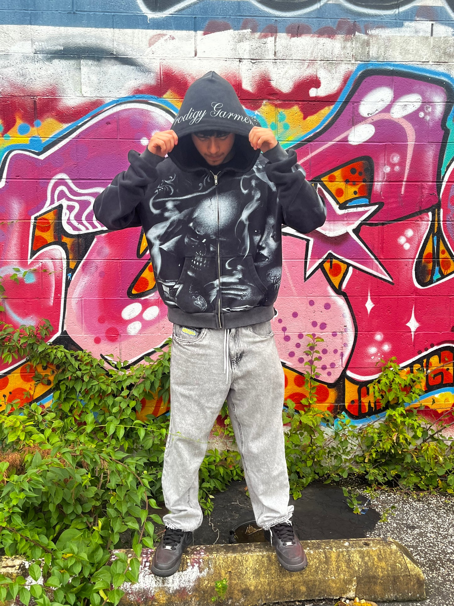 “Skull” Distressed Zip Up
